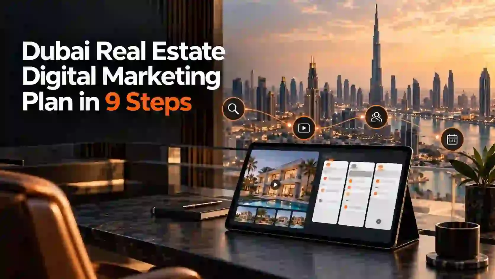 Dubai skyline and a tablet displaying property listings and a campaign board, alongside the title “Dubai Real Estate Digital Marketing Plan in 9 Steps